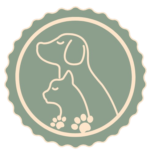 Logo of Pets and Cats Blog featuring a minimalist design of a dog and cat silhouette in soft green and beige colors, symbolizing pet care, love, and companionship.
